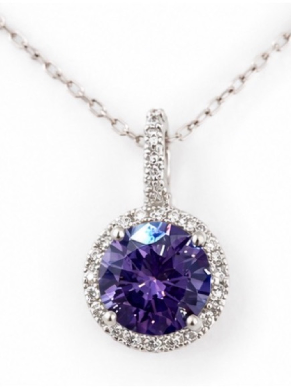 Women's Silver Halo Pendant with Purple Gemstone